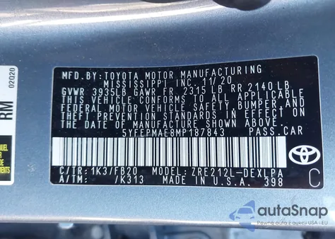 2021 Toyota Corolla Le из США, поврежденный, VIN 5YFEPMAE8MP187843